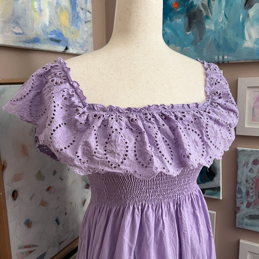 Urban Outfitters Fairy Lavender Eyelet Smocked Midi Dress Off Shoulder Size XS - Picture 2 of 8